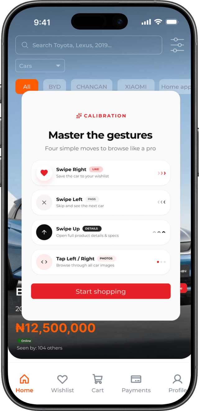 Swipe gestures and car discovery interface